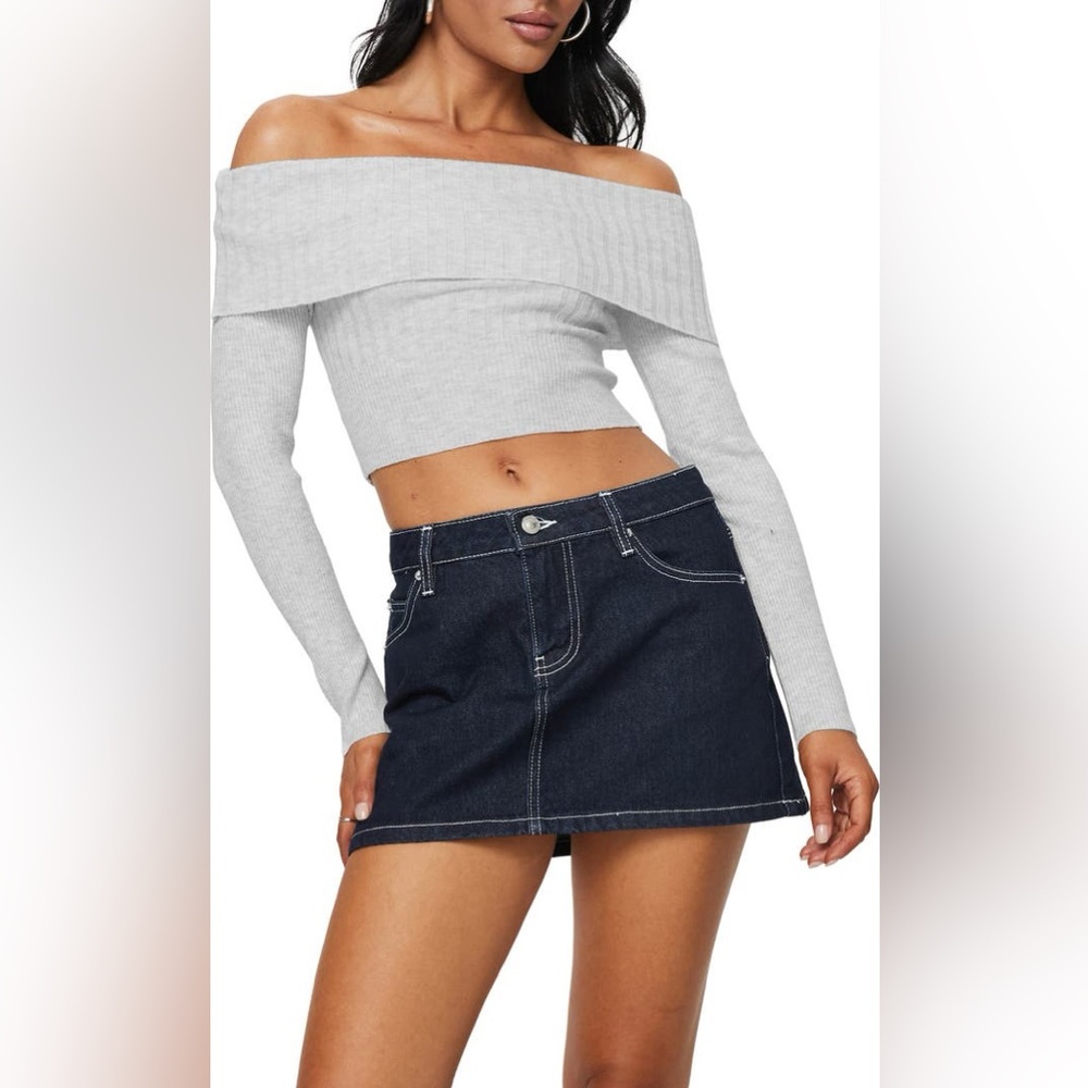 Tagula Off Shoulder Mixed Rib Crop light Gray Sweater long sleeve Women’s top